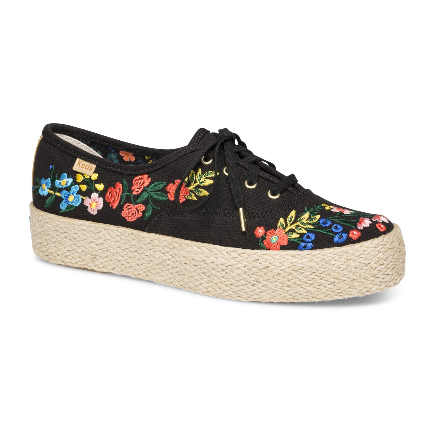 KEDS-WF60425-TRIPLE_RIFLE_PAPER_CO.WILDWOOD_W_JUTE-22 TRIPLE RIFLE PAPER CO. WILDWOOD EMBROIDERY W/ JUTE ΜΑΥΡΟ ΕΜΠΡΙΜΕ - Image 1